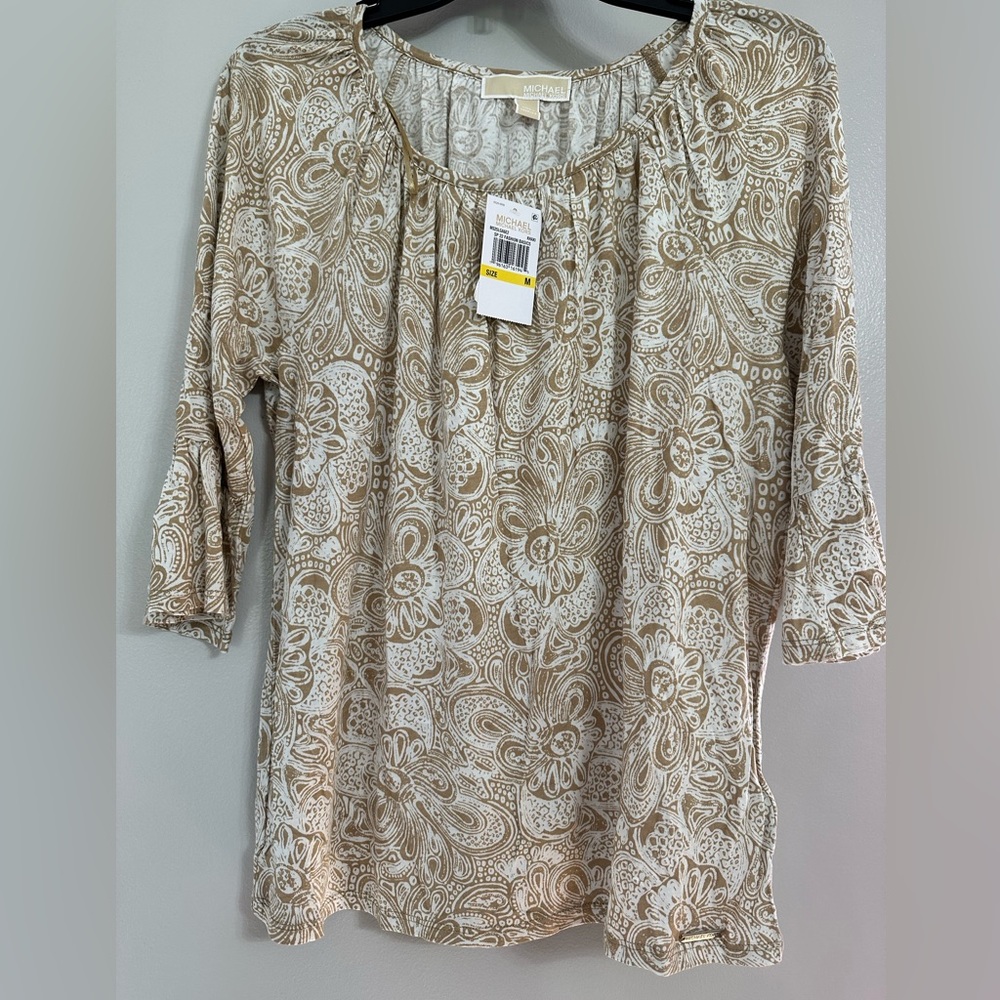 NWT Michael Kors Khaki Paisley 3/4 bell sleeve blouse